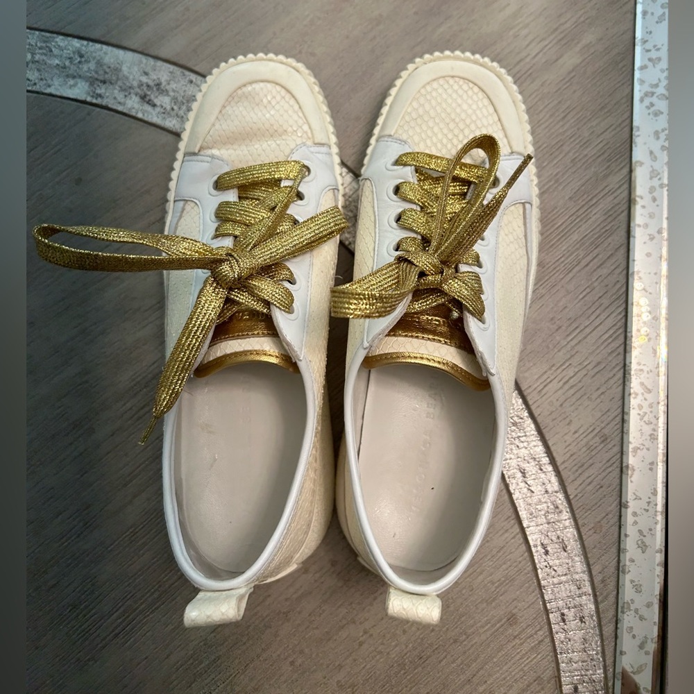 Veronica Beard Beige/White Snakeskin Sneakers